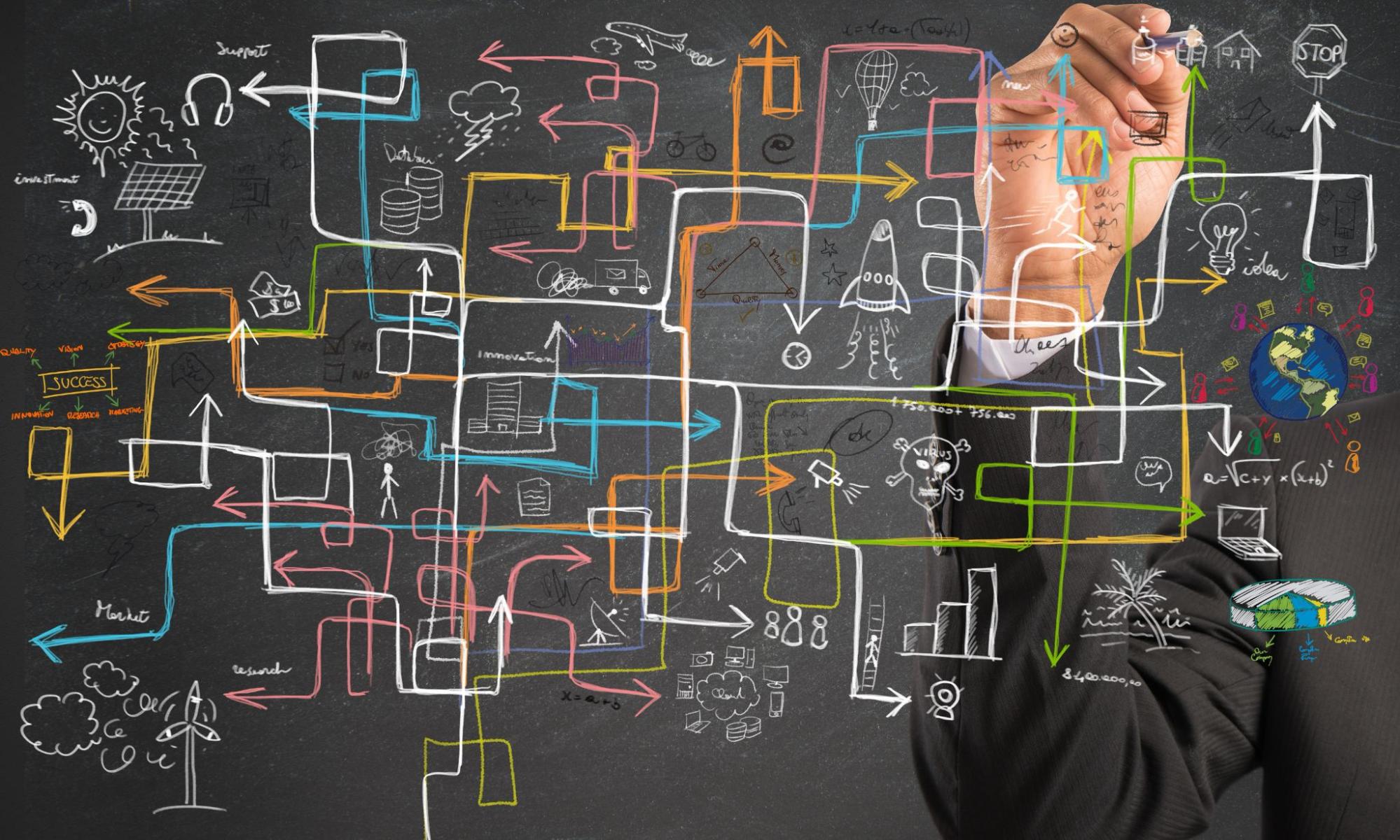 Complex drawing with connecting lines and pictures. Writing on blackboard showing complex situation