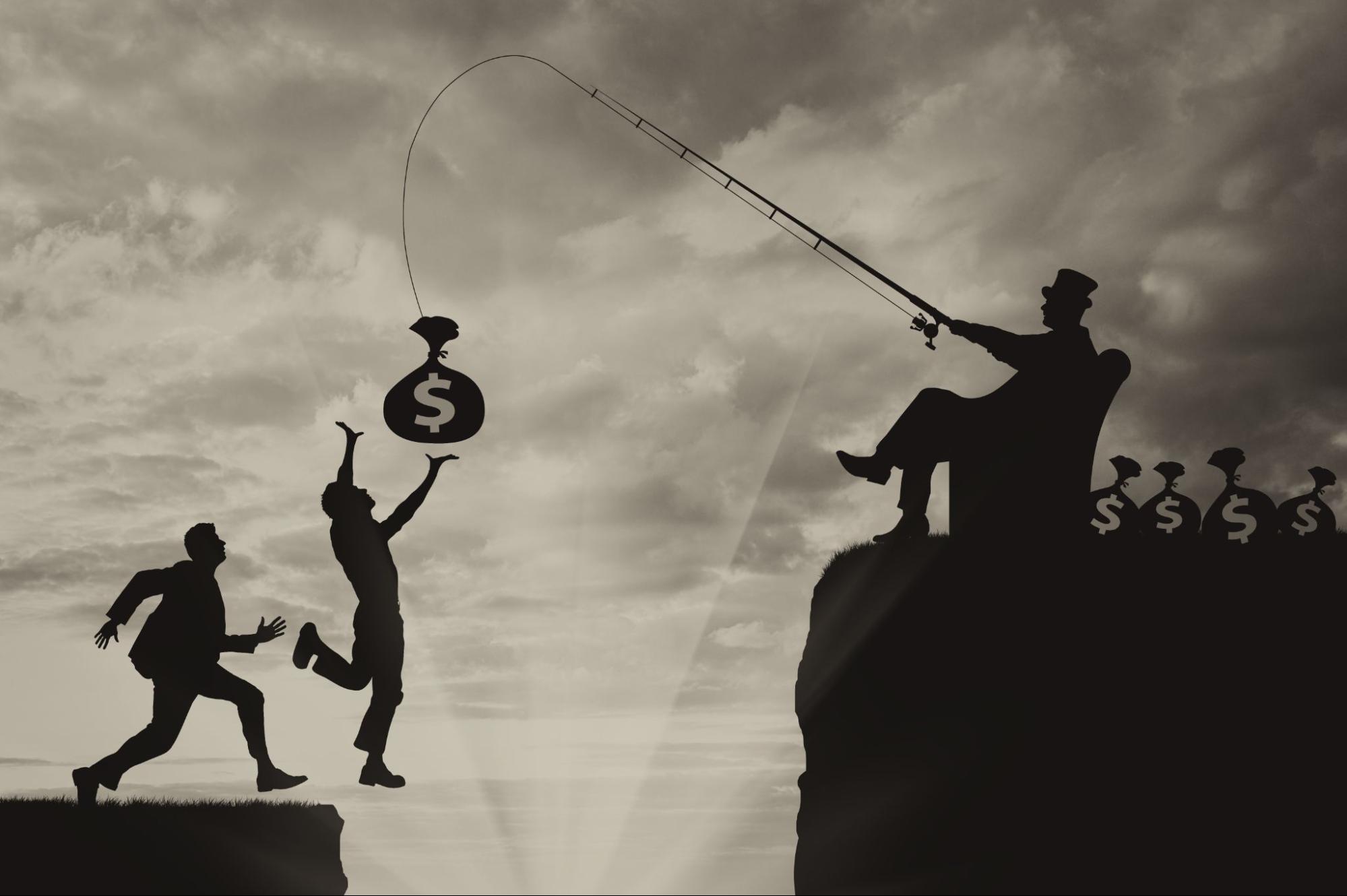 The rich man is tricking the poor man into jumping off a cliff. Greedy person reeling in potential customers